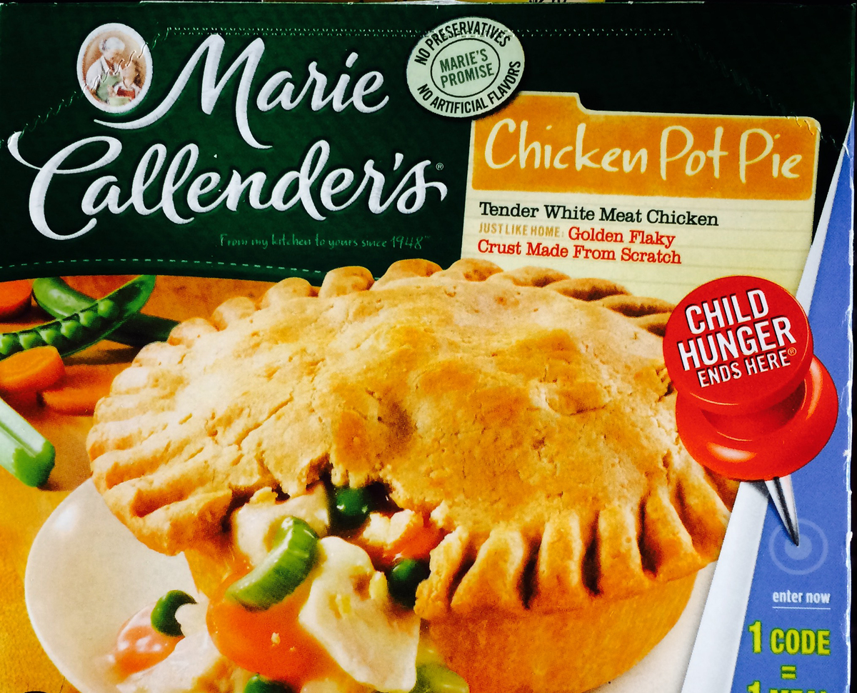 The frozen meal box is for a Marie Callender's chicken pot pie.