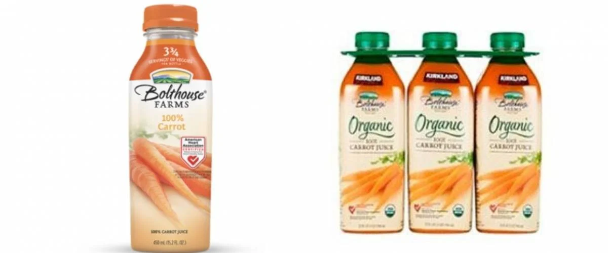 Bolthouse Farms carrot juice and Kirkland Signature by Bolthouse Farms carrot juice